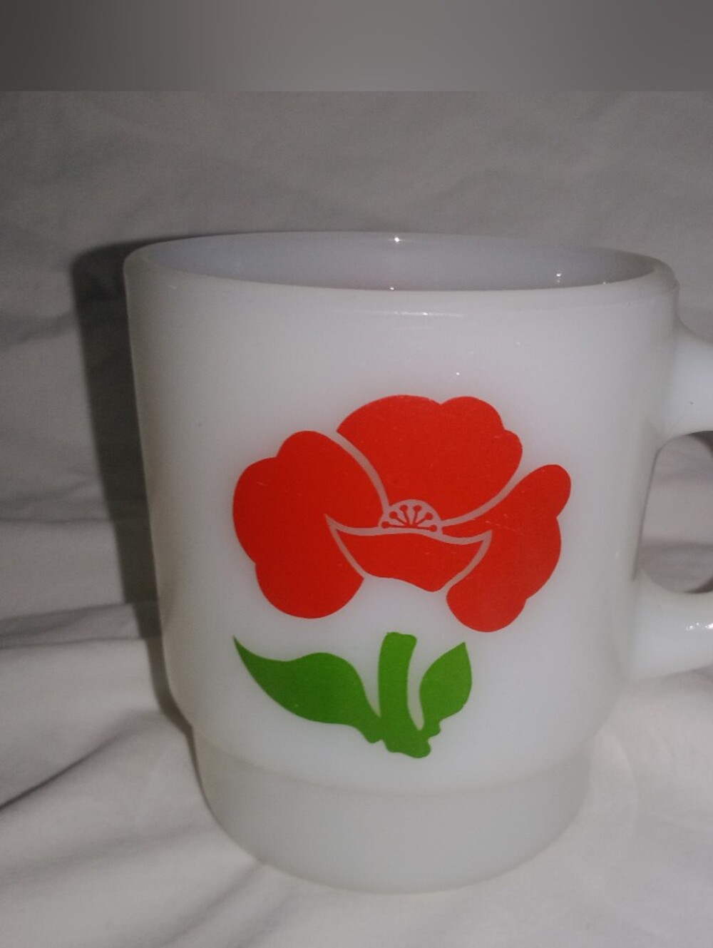 Vintage Fire King Milk Glass Coffee Mug Cup Red Flower Retro Boho Hippie Tea